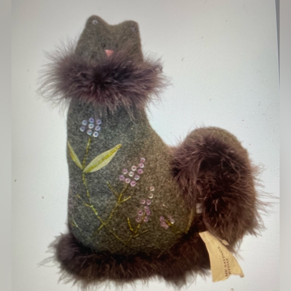 Felt Cat Decor with Fluffy Tail & Embroidered Flowers Weighted Base NWT